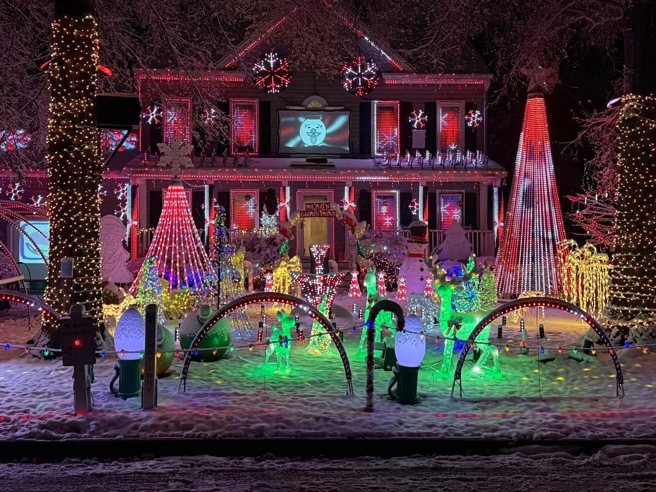 Lights on Apple Blossom display glowing under fresh snow